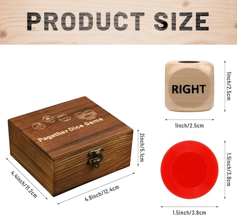 Pagather Fun Left Right Roll Dice Game Set, Include 3 1-inch Wooden Dices 48 Pcs Chips in Wooden Box, Easy to Store and Carry Around for Travel(Wood) - Image 2